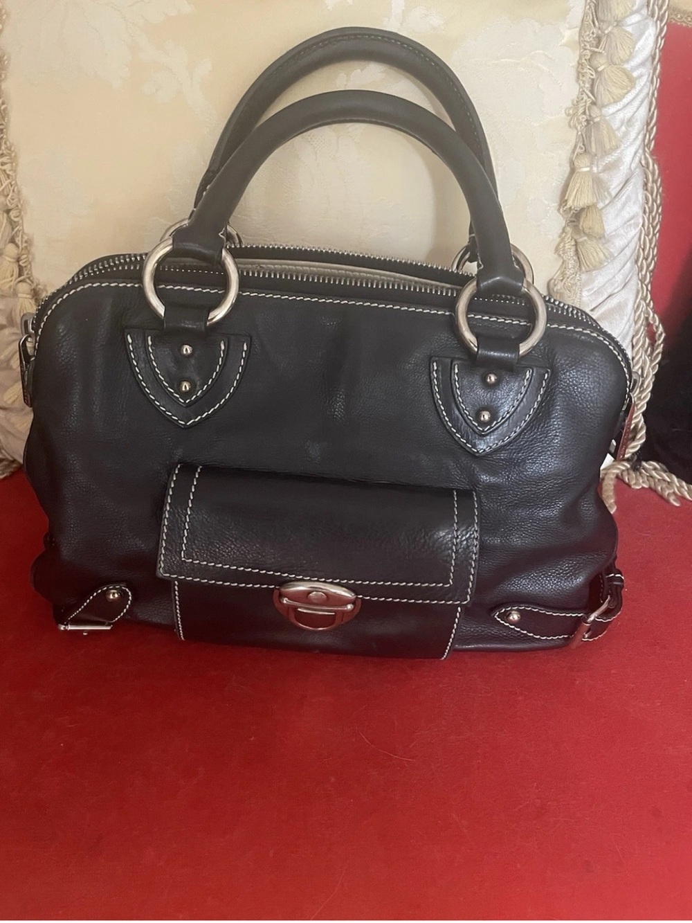 Marc Jacob’s Black Leather Satchel Bag with White Contrast Stitching